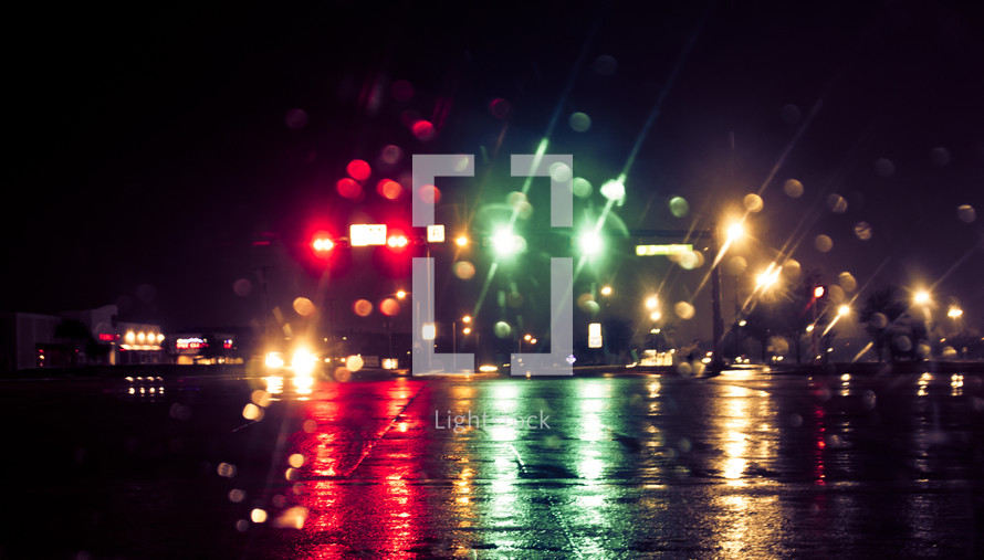 street lights in the rain