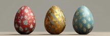 Three easter eggs with gold and blue pattern