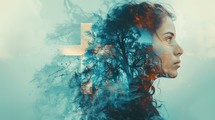 Double exposure portrait of woman with clouds, cross and forest in her hair.