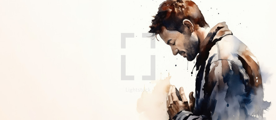 Watercolor artwork of a man praying with copy space