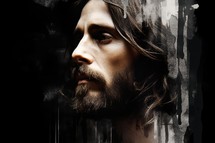 Portrait of Jesus Christ on a black background with copy space
