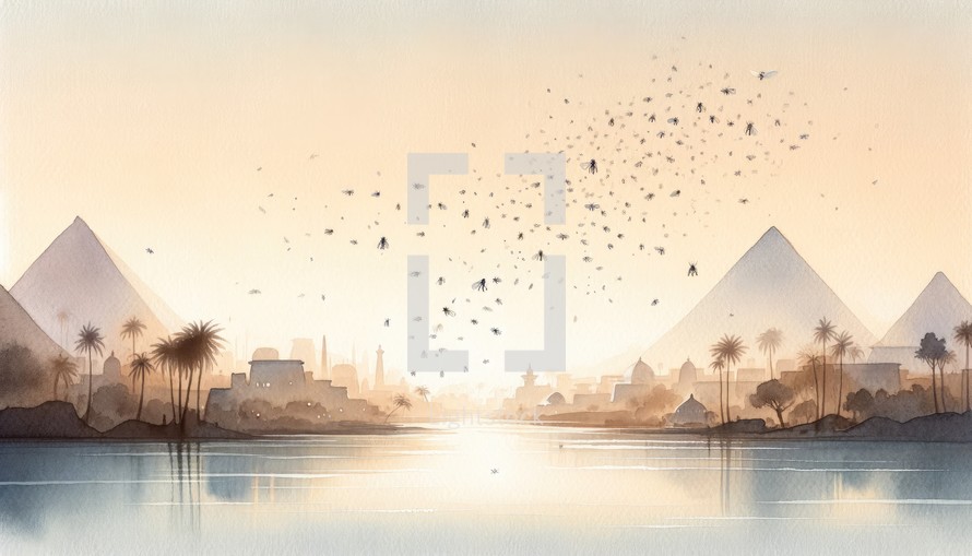 The Plagues of Egypt. Watercolor illustration of Egypt pyramids and the locusts flying over the Nile.