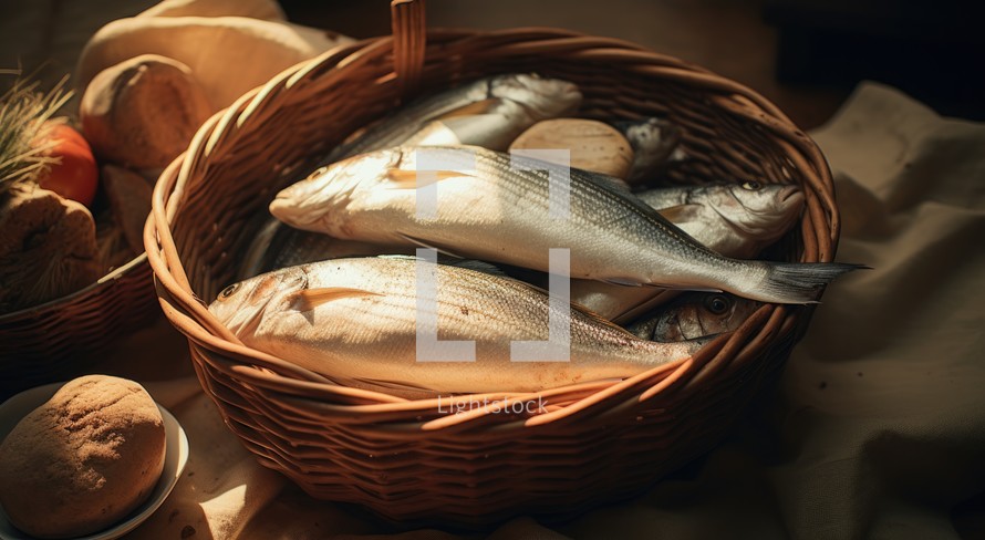 "Feeding the multitude". Fresh fishes in a wicker basket on a wooden table. Toned.