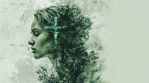 Double exposure portrait of young woman with cross and forest in her head. Christian concept.