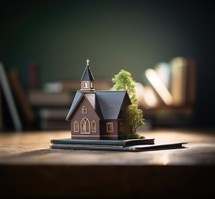 Miniature model of house on wooden table with books in the background