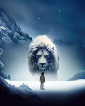 Little boy and Jesus, the lion in snowy landscape.