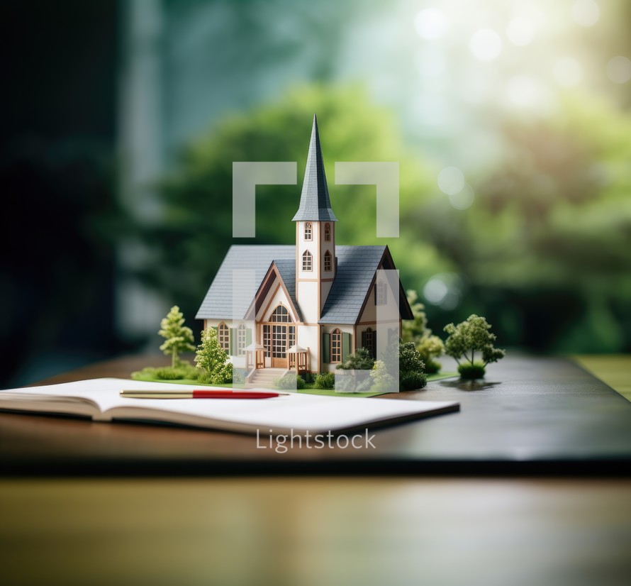 Miniature model of a house on book with green nature background.