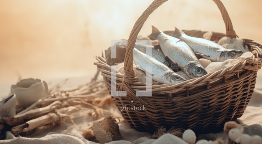 "Feeding the multitude". Fresh fishes in a wicker basket on the sand. Selective focus.