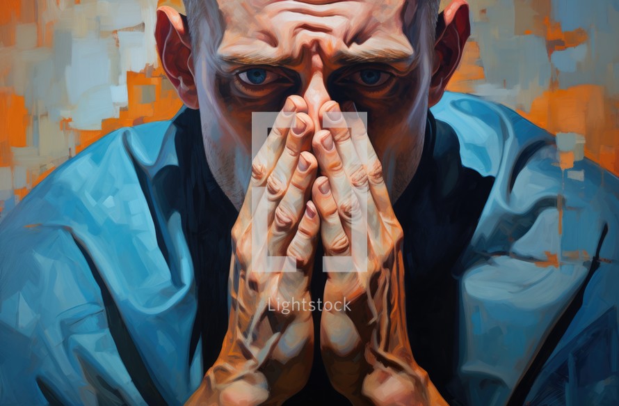Portrait of a man in a blue jacket praying