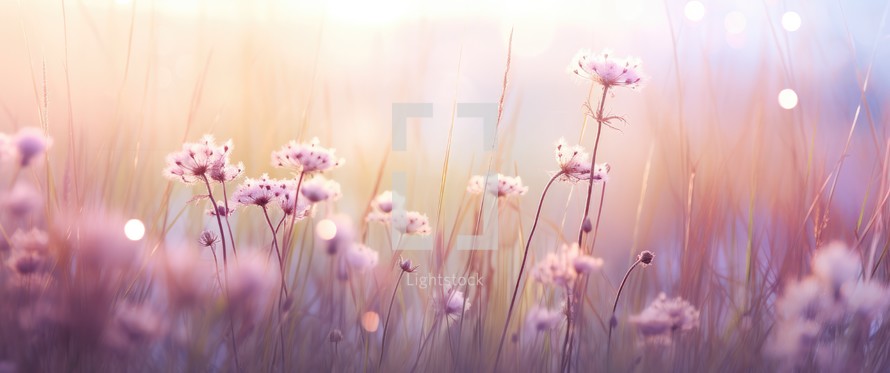 Flower meadow at sunset. Soft focus. Nature background.