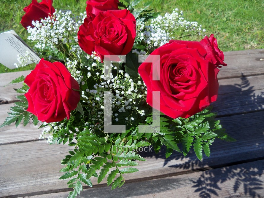 A fresh bouqet of red roses blooms in the sun surrounded by babies breathe and green leaves waiting to be given as a gift for a loved one on Valentines day, wedding day or anniversary. 
