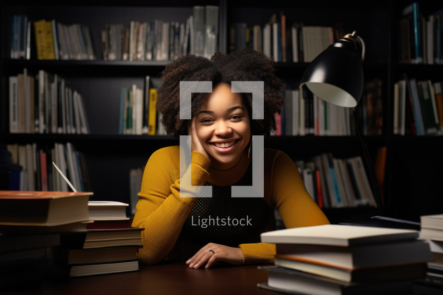 Bible Study. Happy african american college student sitting at desk with books in library