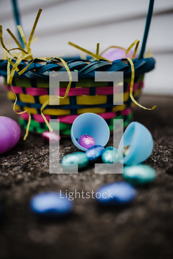 Easter baskets with Easter eggs full of candy 