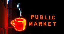 Coffee cup and public market illuminated neon signs.