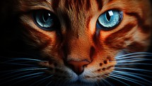 Close-up portrait of a red cat with blue eyes on a black background.