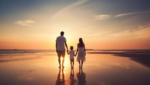 happy family of father, mother and little daughter walking on beach at beautiful sunset