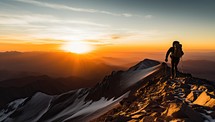 Hiker on the top of the mountain with a backpack and enjoying the sunset