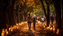 People walking on the path in the park at night with many burning candles