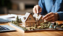 Close-up of real estate agent holding model of house on table