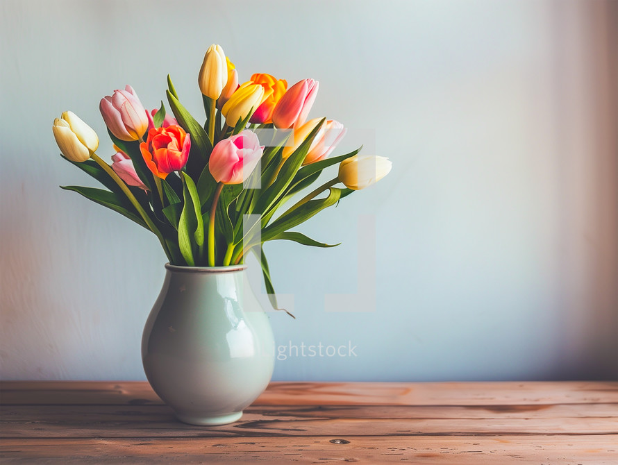 Tulips in a vase on a wooden table