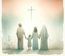  People holding hands and looking at the cross. Digital watercolor painting.
