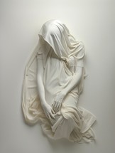 Sculpture of a woman in white fabric on a white background.