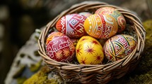 Painted easter eggs in a basket on a mossy background