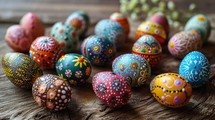 Easter eggs painted with colorful patterns on rustic wooden background.