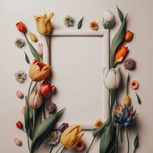 Spring flowers around a white frame with text space