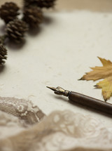pinecones, fall leaf, pen, lace, and old paper 