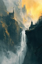 Digital painting of a church on a cliff in the mountains with waterfall.
