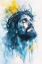 Portrait of Jesus with crown of thorns, his eyes closed, praying. Colorful oil painting.