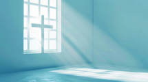 Interior of empty room with window and sunlight. Cross on the window. 3D rendering	