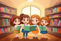Illustration of a group of kids reading books in the library. Cartoon style. Bible study.
