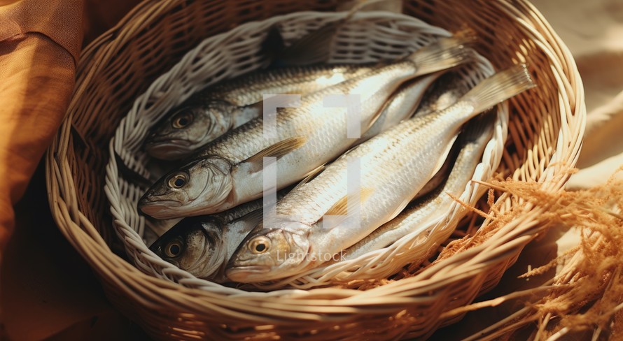 "Feeding the multitude". Fresh fishes in a wicker basket on a wooden background. Close-up.