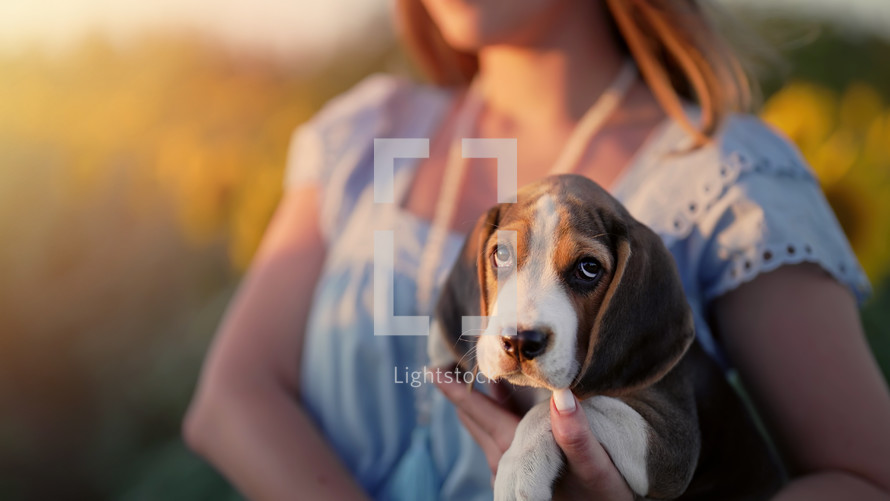 Tiny beagle puppy with his owner in beautiful sunflowers field. Woman with dog on nature backdrop. Cute lovely pet, new member of family.