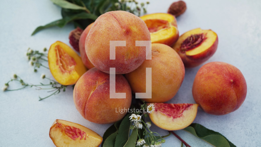 Still life of ripe peaches and nectarine. Organic juicy peach. Healthy eating, agriculture, home rustic farm, vitamins concept. High quality