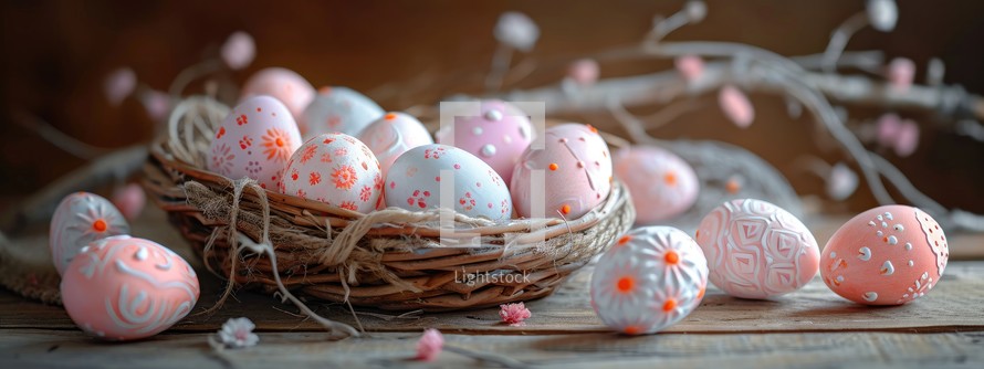 Easter eggs in a basket on a rustic wooden background.
