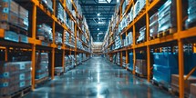 Warehouse or storehouse interior with rows of shelves and containers. Industrial background
