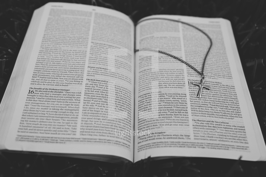 open Bible and a cross necklace 