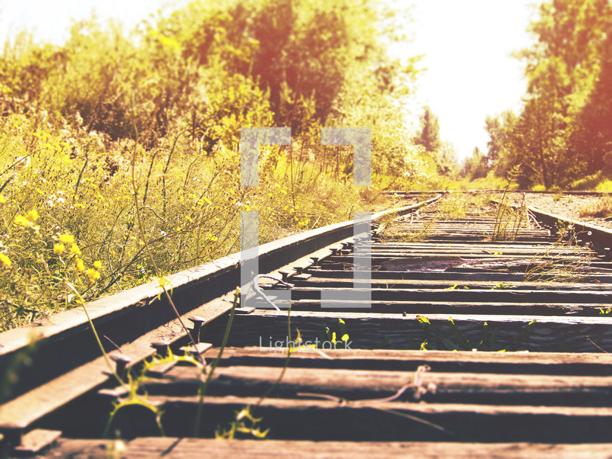 Railroad track running through the countryside.