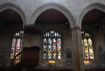 stained glass windows in cathedral in France 