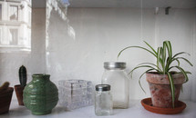 jars and house plants on a countertop 