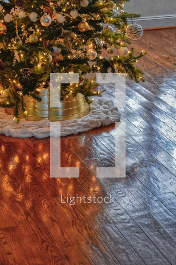 Christmas tree and reflection on a wood floor 
