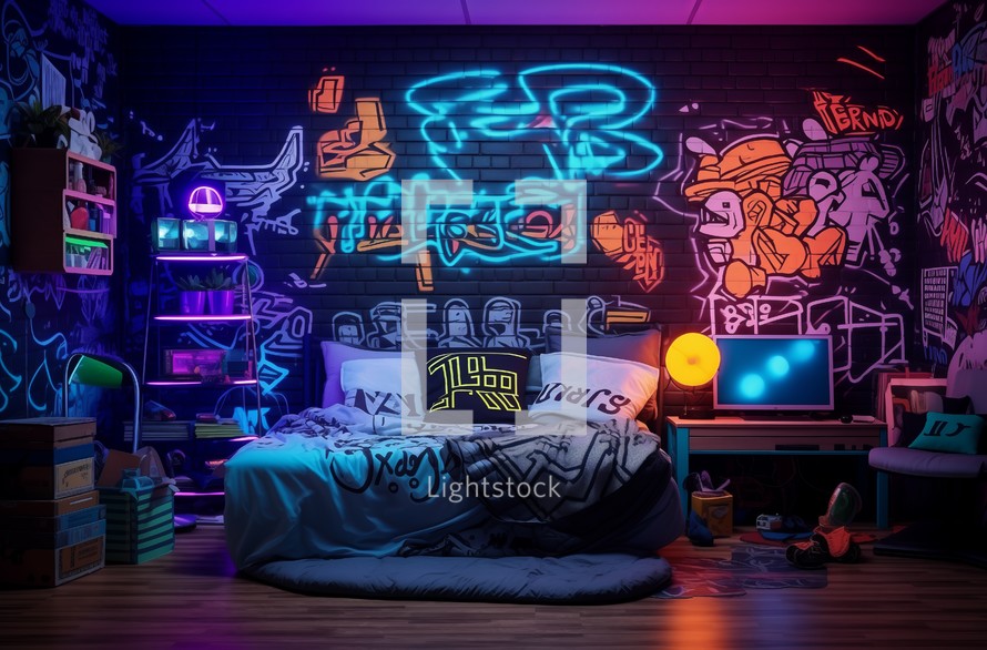 A teenager room with vibrant neon lights and graffiti art on the wall