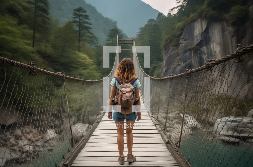 Back view of a female traveler walking on a suspension bridge in mountains
