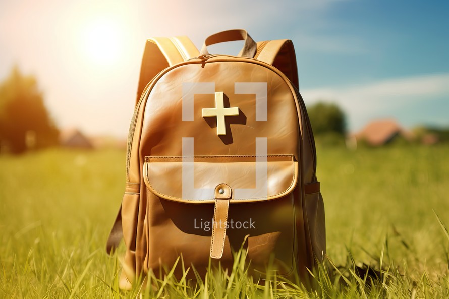 Brown Backpack with Field Background
