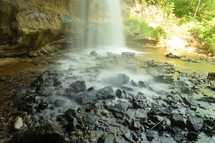 Long exposure photograph of water hitting the rocks at the bottom of a waterfall. (Cascade Falls in Osceola, WI)