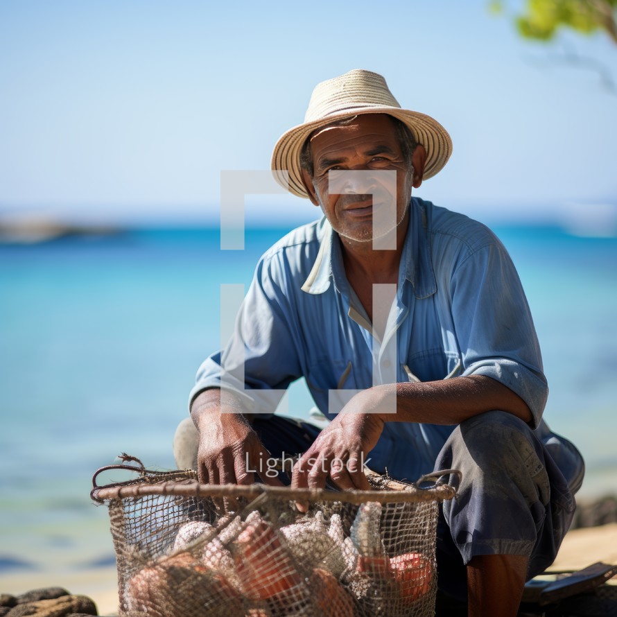 Portrait of a senior man sitting on the beach with his fishing net