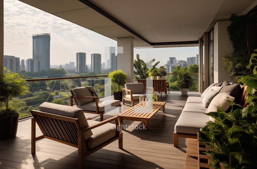 Elegant loggia setup with comfortable furniture and panoramic city view